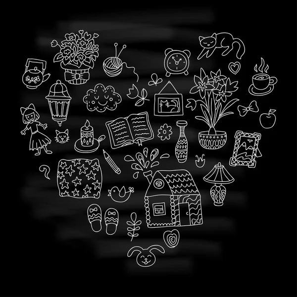 Home sweet home. Set of hand drawn vector home interior doodles. Black and white colors. — Stock Vector