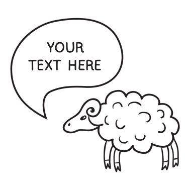 Konuşma balonu ile koyun. İllüstrasyon kart el çekilmiş kuzu ve kabarcık konuşma ile. Konuşma balonu veya işareti tahtada kendi metin koyabilirsiniz.