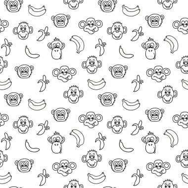 Seamless pattern with cute faces of monkeys and bananas. Kids background. Textures for wallpaper, fills, web page background.