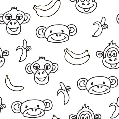 Seamless pattern with cute faces of monkeys and bananas. Kids background. Textures for wallpaper, fills, web page background.