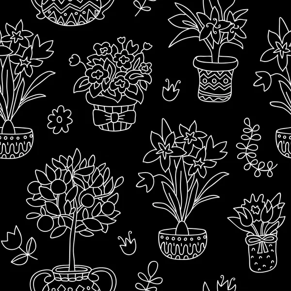 Seamless mönster doodle växter i krukor, floral bakgrund. Vackra vektor design. — Stock vektor