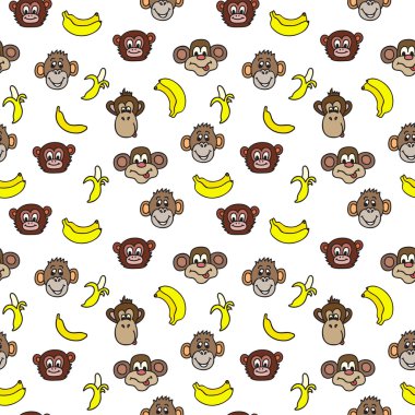 Seamless pattern with cute faces of monkeys and bananas. Kids background. Textures for wallpaper, fills, web page background.