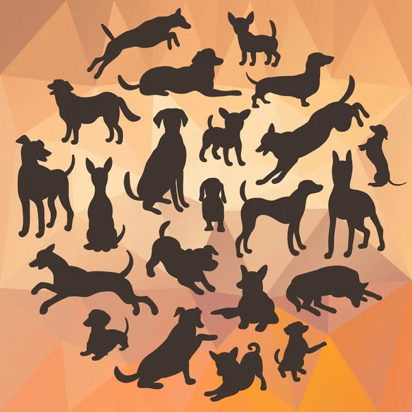 Conjunto de cães silhueta em fundo poligonal abstrato. Coleção de silhueta vetorial em círculo. Design de vetor bonito . —  Vetores de Stock
