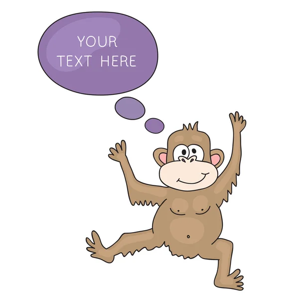 Весела мавпа з бульбашкою мовлення. Мультфільм і вектор ізольовані символи. Ілюстраційна листівка з намальованою мавпою та бульбашковою промовою. Ви можете розмістити власний текст на бульбашці мовлення або дошці знаків . — стоковий вектор