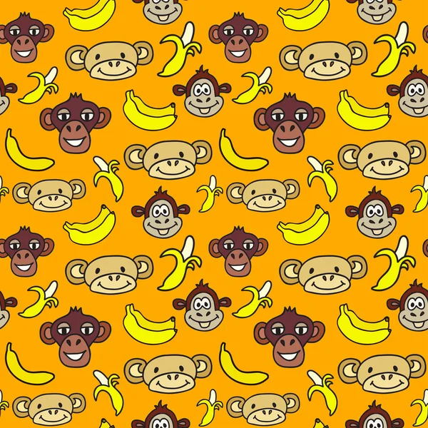 Seamless pattern with cute faces of monkeys and bananas. 2016 ye — Stock Vector