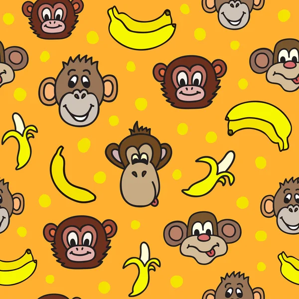 Seamless pattern with cute faces of monkeys and bananas. 2016 ye — Stock Vector