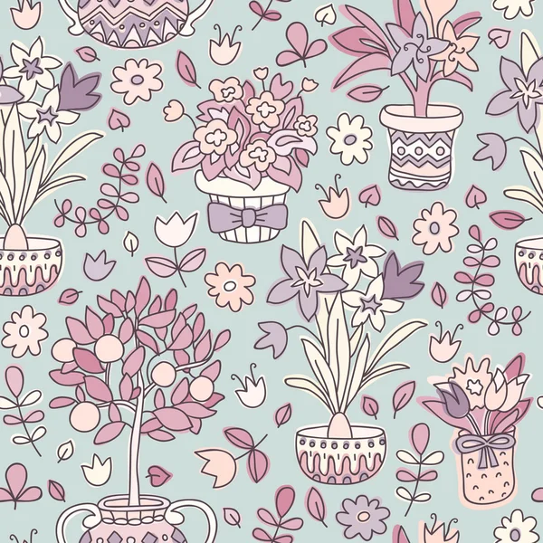 Seamless mönster doodle växter i krukor, floral bakgrund. — Stock vektor