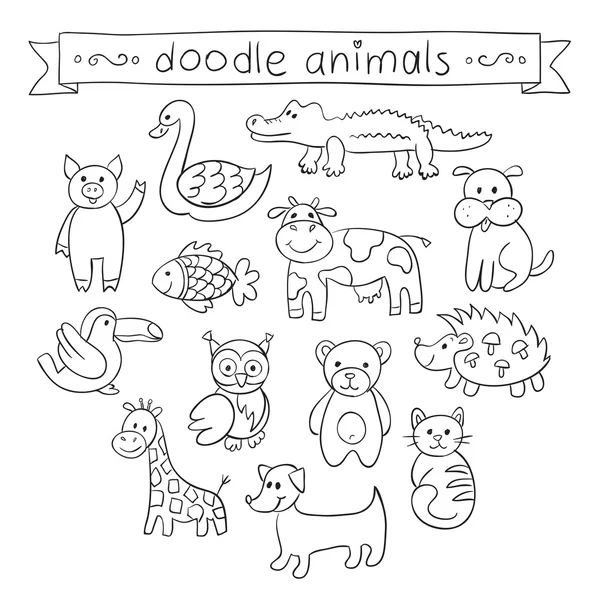 Lindos animales Doodle Set . — Vector de stock