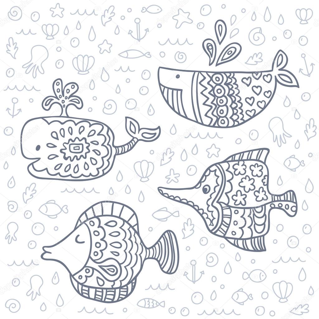Vector cute marine life doodle set.
