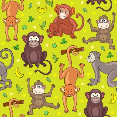 Maymunlar, muz ve yaprakları ile Seamless Modeli.
