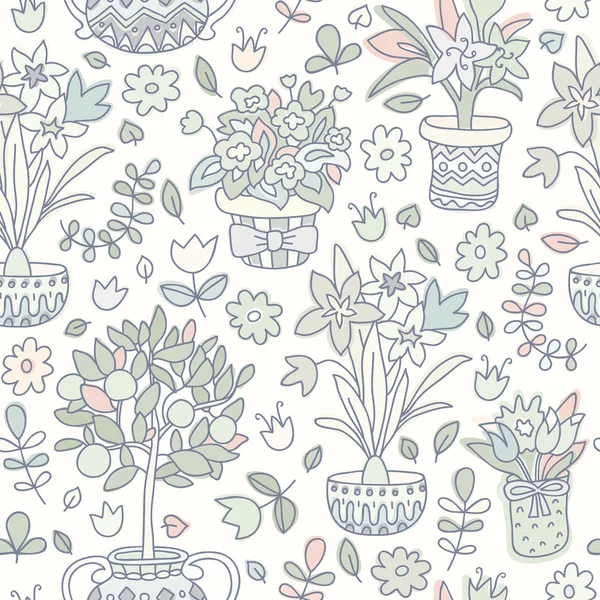 Seamless mönster doodle växter i krukor, floral bakgrund — Stock vektor
