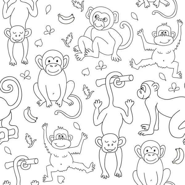 Seamless pattern with monkeys, bananas and leaves. — Stock Vector