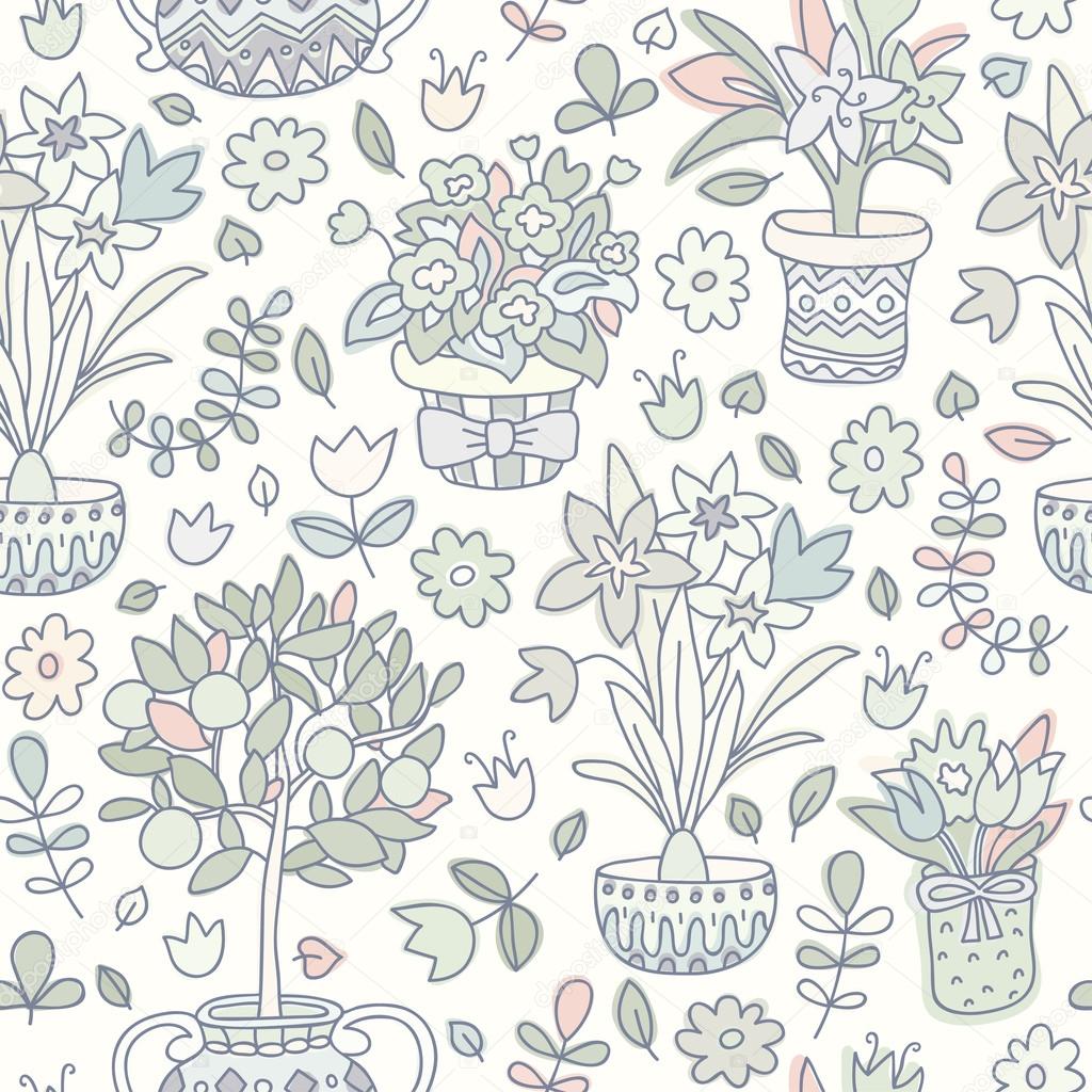 Seamless pattern doodle plants in pots, floral background