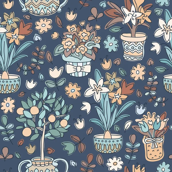 Naadloze patroon doodle planten in potten, floral achtergrond. — Stockvector