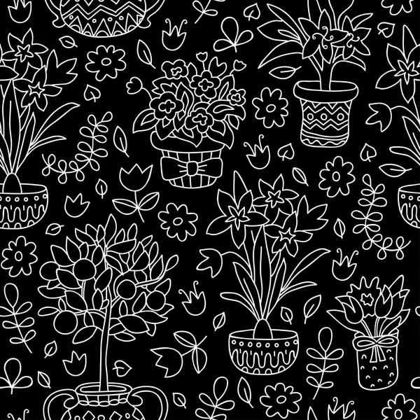 Seamless pattern doodle plants in pots, floral background — Stock Vector