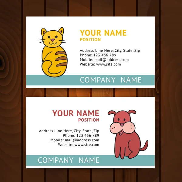 Kedi ve köpek hayvan hastalıklarıyla ilgili klinik üstünde ahşap için iş kartı — Stok Vektör