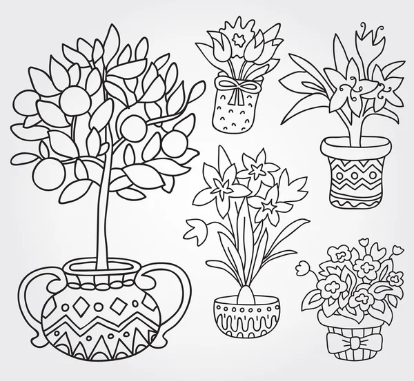 Grazioso Doodle Outline fiori di primavera in vasetti . — Vettoriale Stock