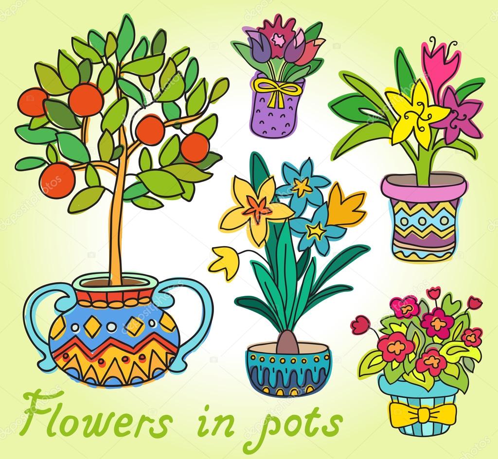 Cute Doodle Colorful Spring Flowers in Pots.
