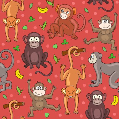 Maymunlar, muz ve yaprakları ile Seamless Modeli.