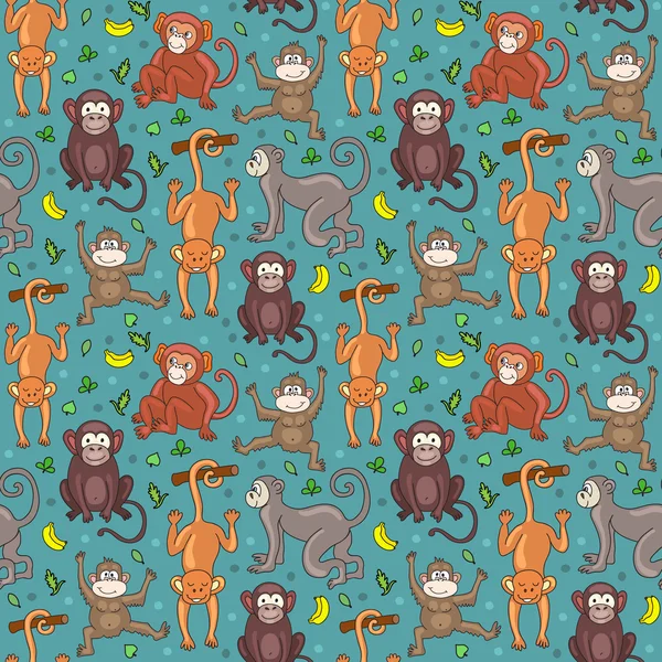 Seamless pattern with monkeys, bananas and leaves. — Stock Vector