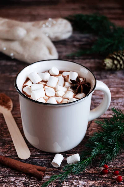 Weiße Tasse heißen, gewürzten Kakao oder Schokolade mit Marshmallows auf einer rustikalen Holzplatte mit Tannenzweigen und Strickhandschuhen im Hintergrund. — Stockfoto