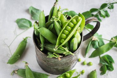 Metal bardakta taze bezelye kabukları