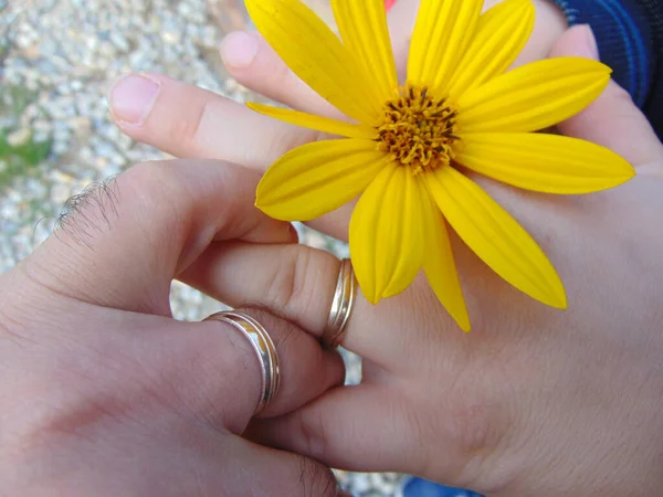 Ein Paar Das Sich Händen Und Blumen Hält — Stockfoto