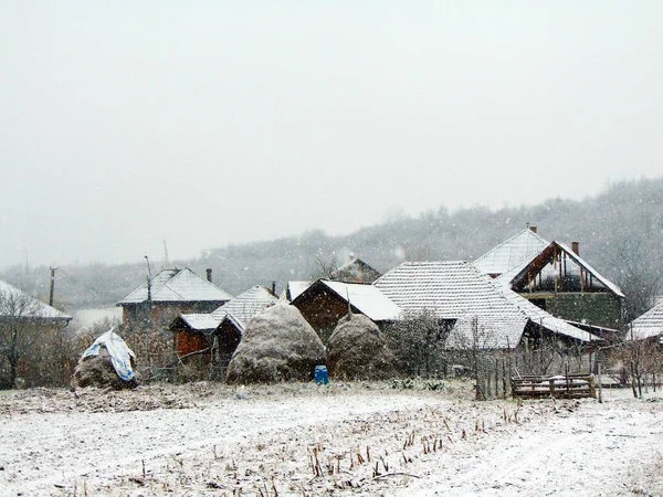 Neige Sur Les Maisons Maramures Comté — Photo