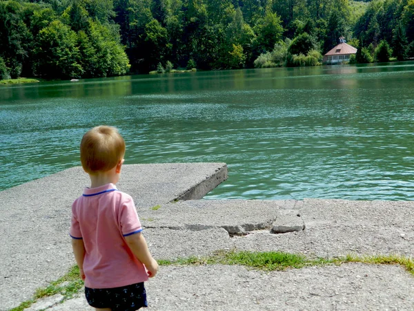 Bambino Sta Guardando Lago — Foto Stock