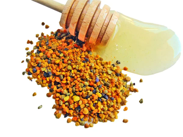 Ruwe Pollen Polyflower Honing Vloeien Uit Een Houten Theelepel — Stockfoto