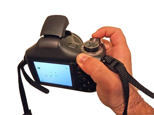 Uma Pessoa Segura Sua Câmera Compacta Sua Mão — Fotografia de Stock