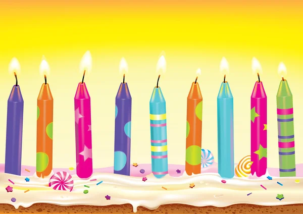 Ponga velas encendidas en el pastel — Vector de stock