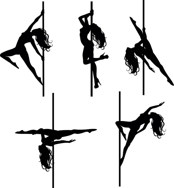 Five Pole dancers silhouettes — Stock Vector