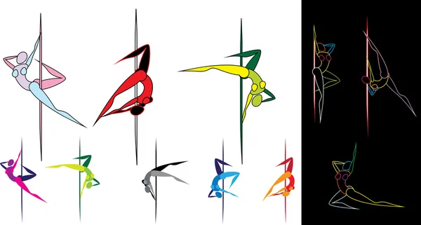 Silhouettes de danseurs de pôle de couleur — Image vectorielle