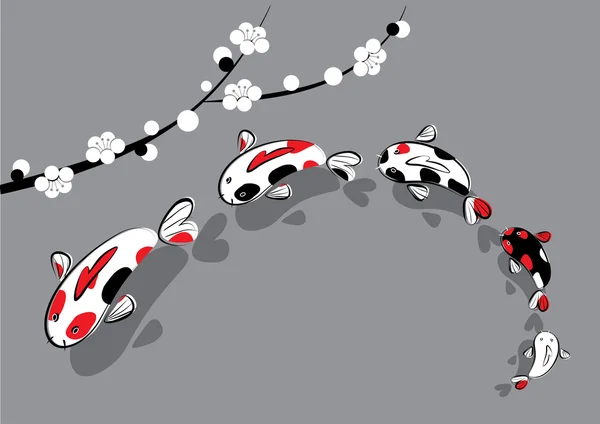 Famille Koi drôle et branche sacura — Image vectorielle