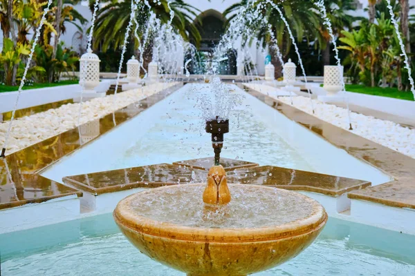 Water from the fountain in front of the hotel Tunis. Fountain in the courtyard of the arabic hotel, close-up.