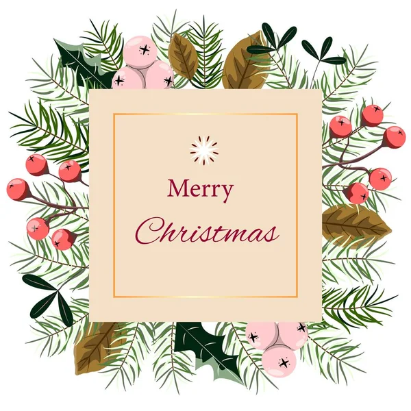 İçinde böğürtlen, çam dalları ve yapraklar olan güzel bir Noel kartı. Davetiyeler, pankartlar ve dekorasyon için.