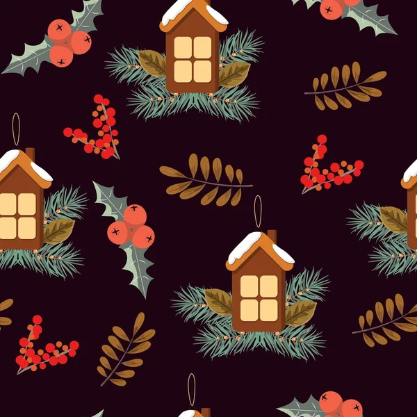 Cute houses with pine branches on dark background. Vector seamless pattern for any surfaces.