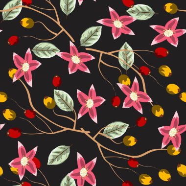 Siyah arka planda çiçekleri olan güzel, pürüzsüz desen. Tekstil, kağıt, ambalaj, duvar kağıdı için. Vektör deseni.