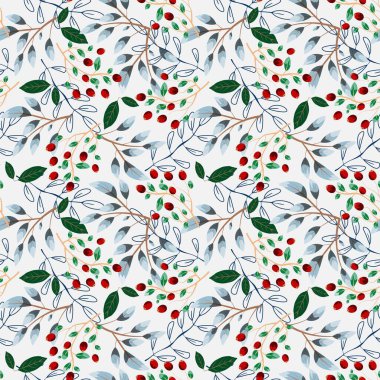 Böğürtlenli ve dallı kışın pürüzsüz deseni. Tekstil, kağıt, duvar kağıdı, ambalaj için. Vektör deseni.