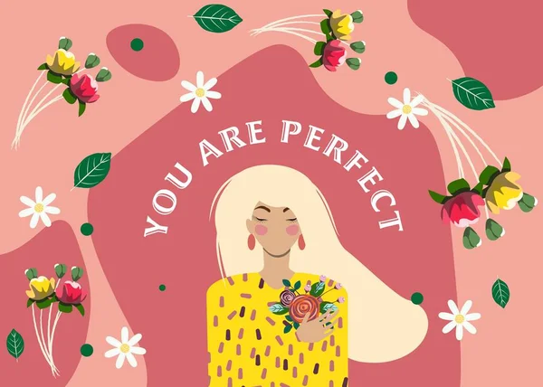 Templat Indah Dengan Seorang Gadis Dan Bunga Untuk Poster Kertas - Stok Vektor