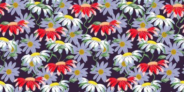 Koyu arkaplanda papatya çiçekleri olan kusursuz çiçek deseni. Tekstil, kağıt, ambalaj kağıdı, duvar kağıdı, ambalaj için..