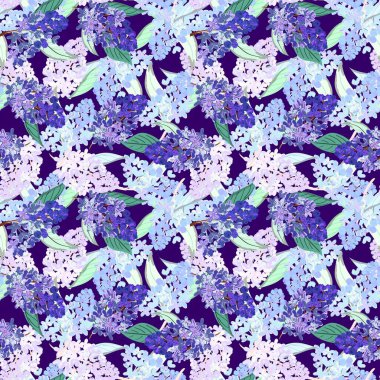 Çiçeksiz desenli mor arka planda leylak çiçekleri. Tekstil, kağıt, ambalaj için. Vektör deseni.