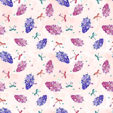 Seamless floral pattern with lilac flowers on watercolored background. For textile, paper, packaging, covers clipart