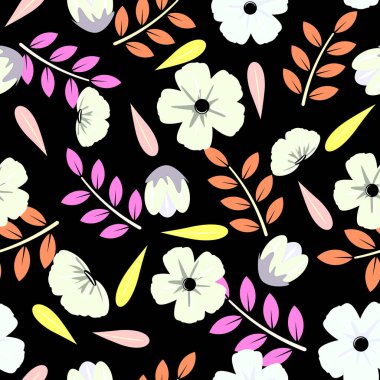 Siyah arka planda beyaz çiçekli pürüzsüz desen. Tekstil, kağıt, ambalaj, duvar kağıdı için. Vektör deseni.