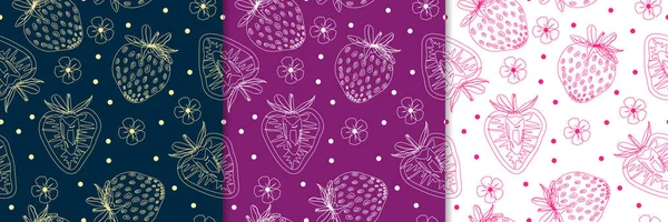 无缝图案收集与线条画草莓 纺织品 包装纸 病媒类型 — 图库矢量图片