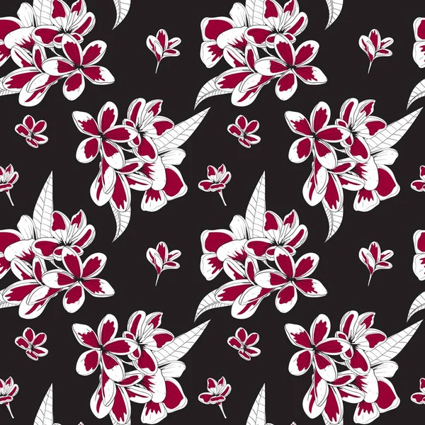 无缝隙植物图案 红色花朵 黑色背景 李子花 纺织品 包装纸 病媒类型 — 图库矢量图片