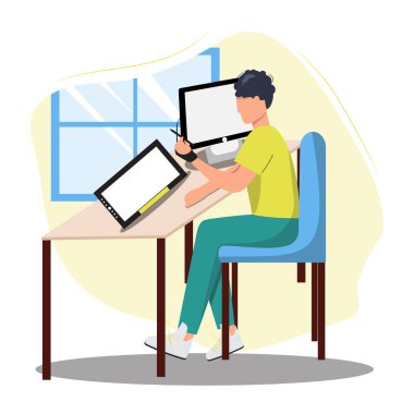 Erkek çizer, masa evinde yeni bir proje üzerinde çalışıyor. Grafik tablet ve bilgisayarla çalışıyorum. Genç illüstratör. Sanatçı yeni bir proje üzerinde çalışıyor. Grafik tasarımcısı. 