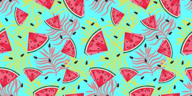 Yapraklı karpuz deseni. Yaz döngüsü. Karpuz arka planı. Vektörsüz desen. 