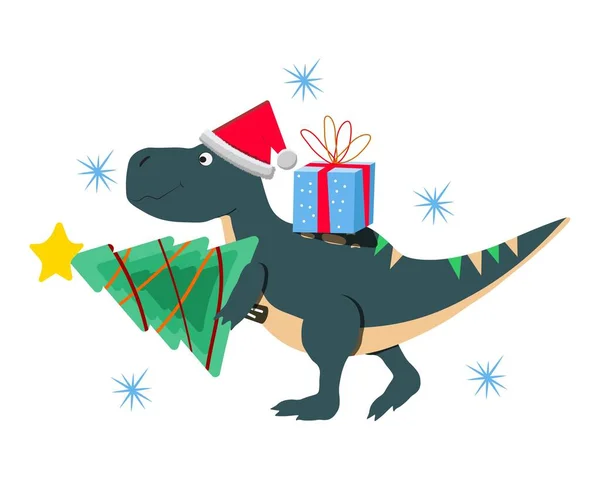 Tyrannosaurus Rex bir Noel ağacı ve hediye kutusu taşıyor. Kar taneleri. Noel illüstrasyonu.